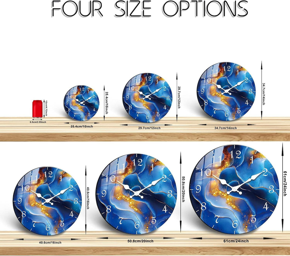 Blue marble round wall clock shown with size measurements and multiple option layouts