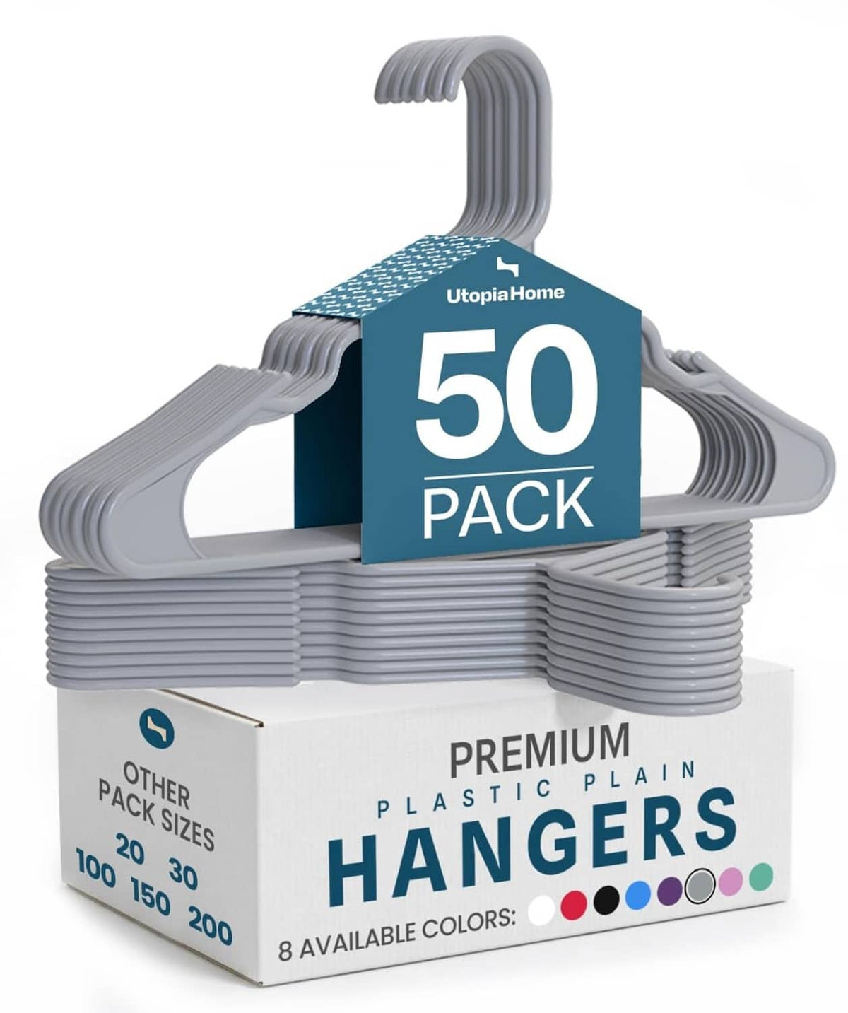 Gray plastic coat hangers, 50-pack bundle with flat shoulders and curved hook