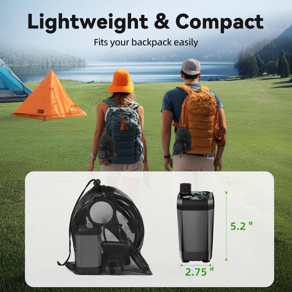 Compact portable shower heater with pump and hose, shown with mesh storage bag