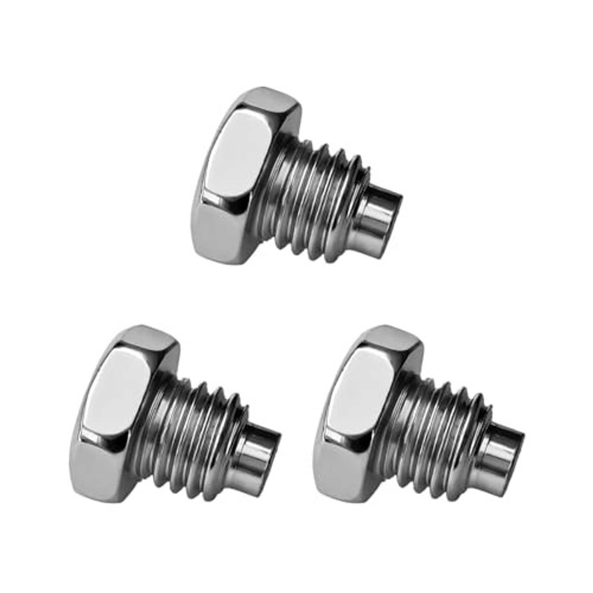 3-piece hydraulic jack handle bolts with chrome hex heads and screw threads, close-up