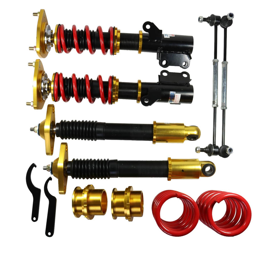 Adjustable coilover shock strut kit with red springs, gold housings, and black shafts