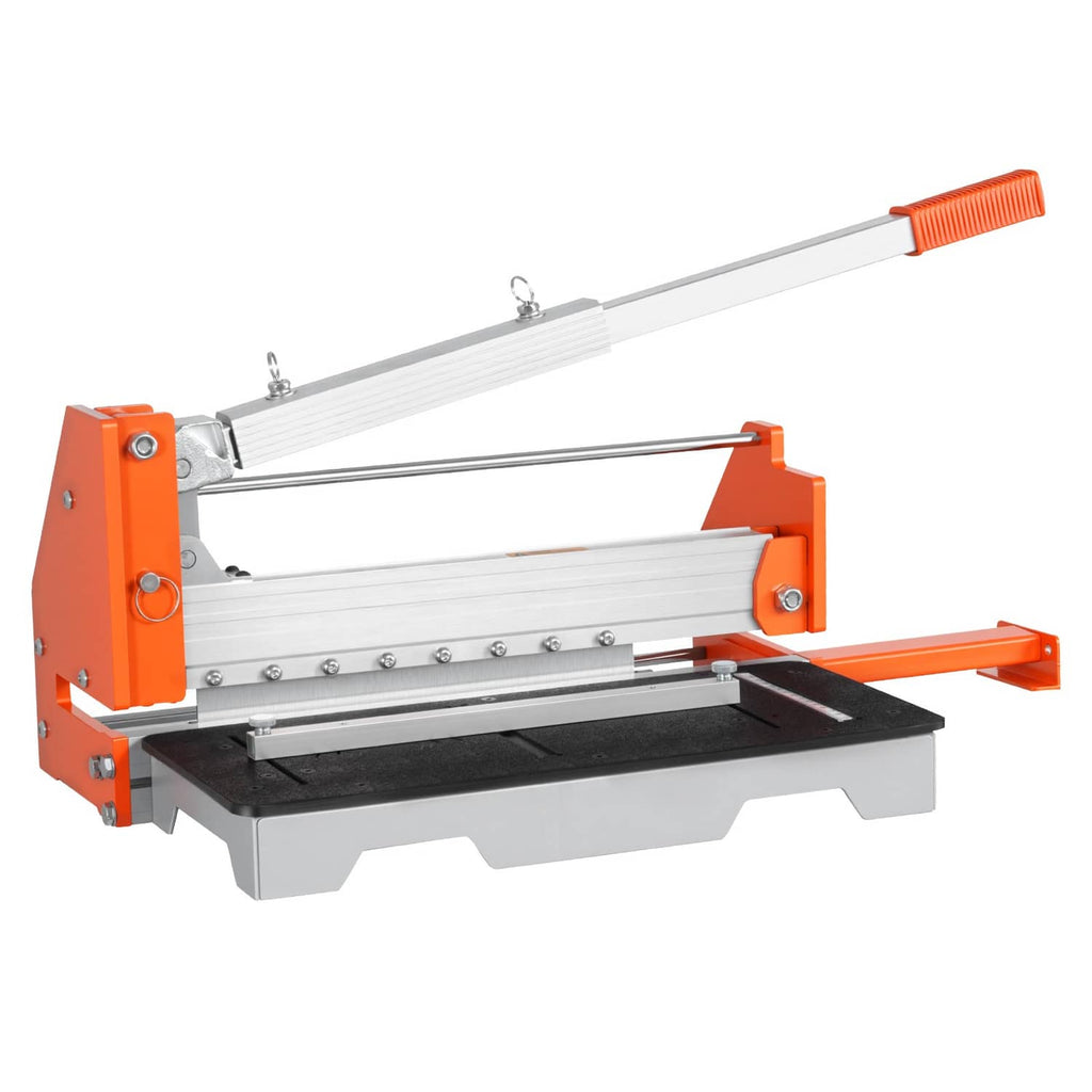 Vinyl flooring cutter close-up of orange side frame, black base pad, and rails