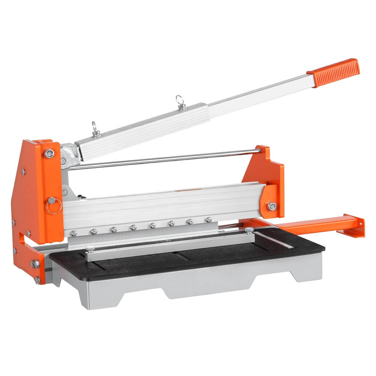 Vinyl flooring cutter close-up of orange side frame, black base pad, and rails