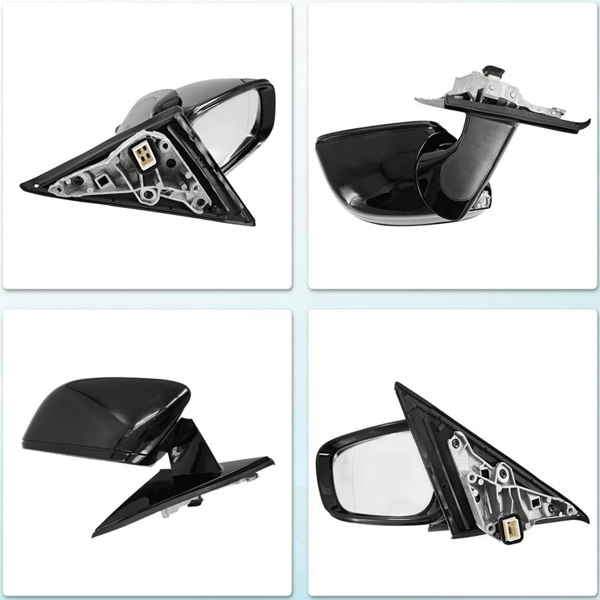 Black left driver-side mirror with blind-spot indicator, showing interior mounting parts.