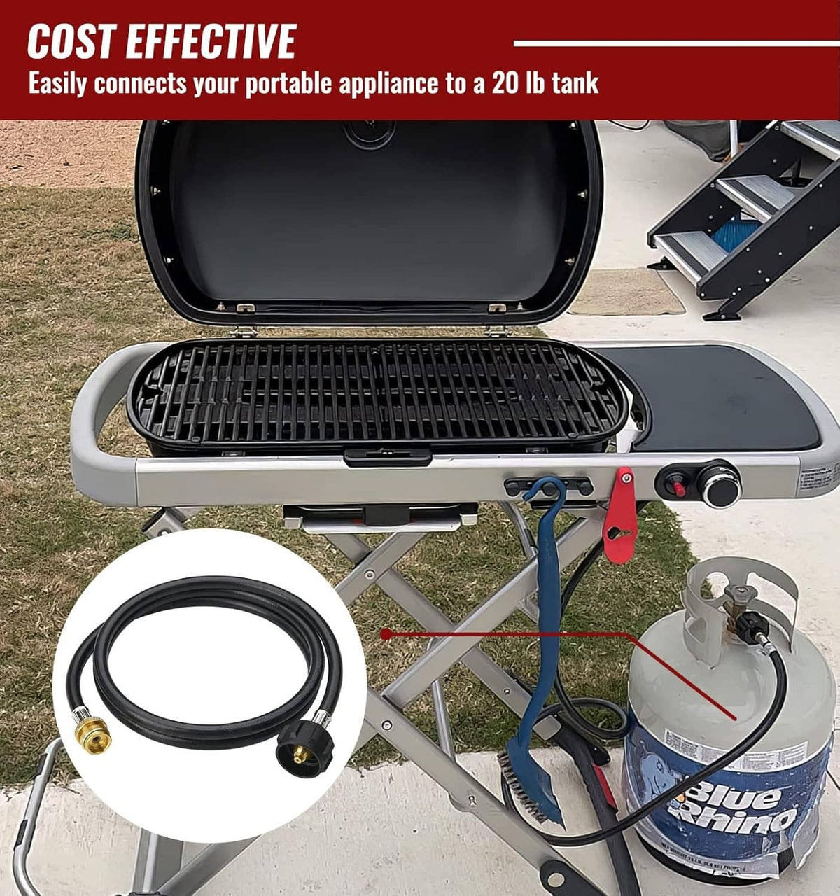 Propane adapter hose connected to a 20 lb propane tank regulator with brass ends