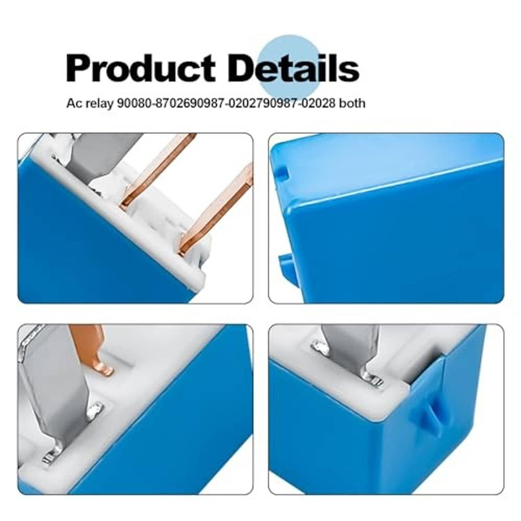 AC relay product details, blue housing with copper blades and silver contact pins