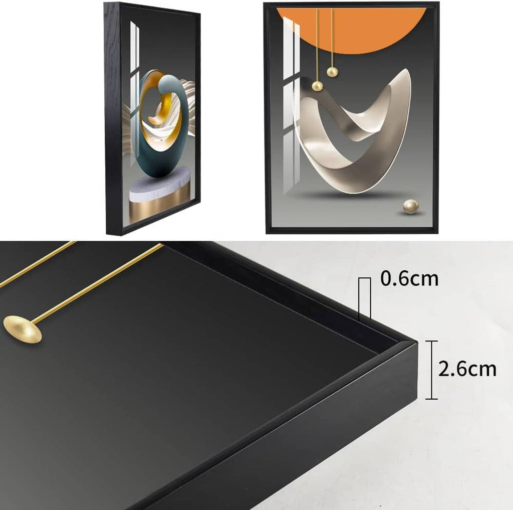 Black picture frame with abstract art; size markings show frame thickness and width