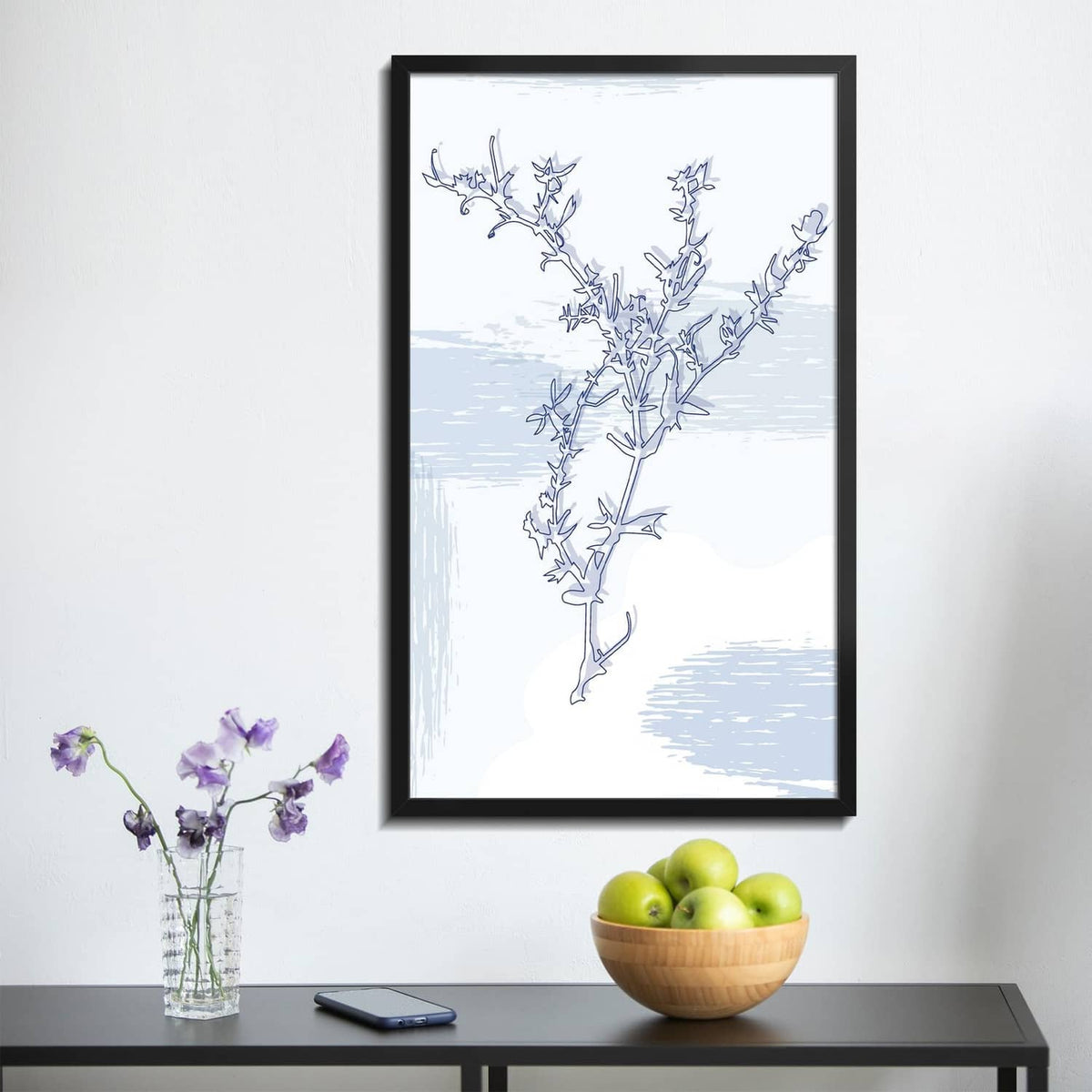 Black 14x22 picture frame with blue botanical artwork, wall-ready front