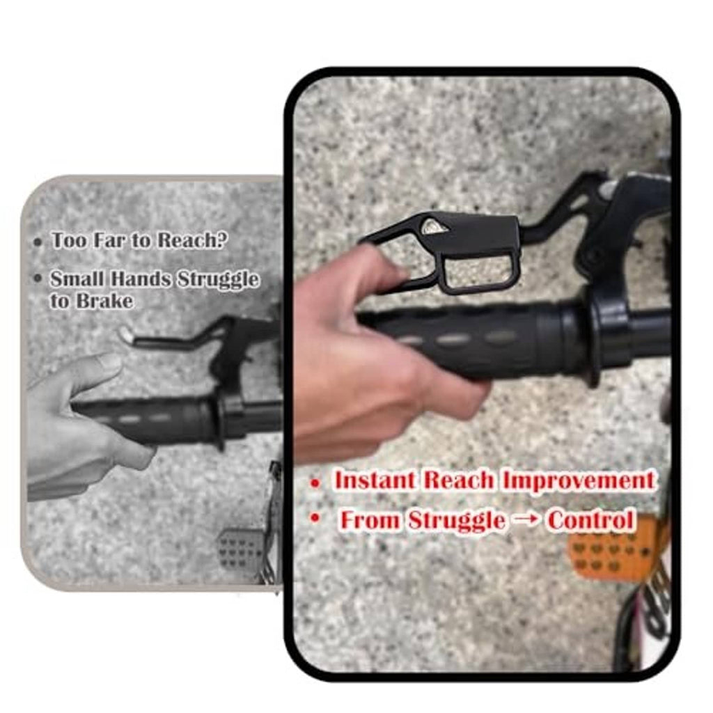 Black brake lever extender being held and clipped onto a bike brake lever