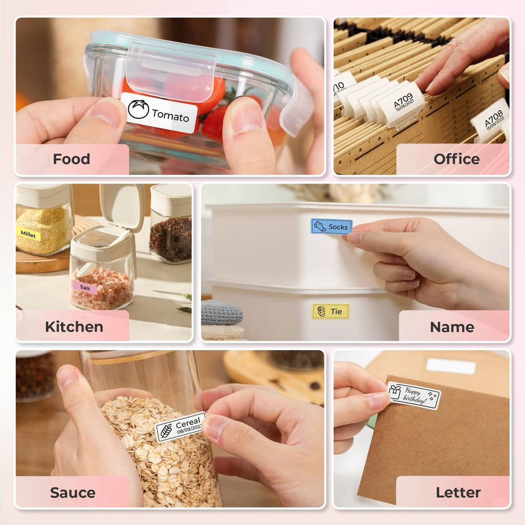 Pink label maker printer for labeling food, office, and items