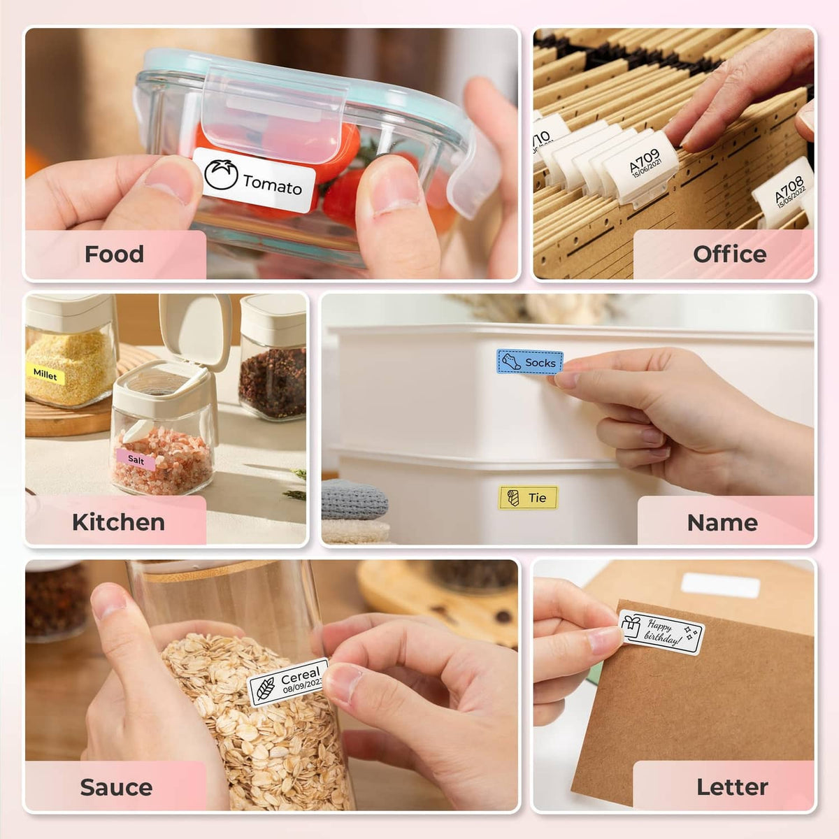 Pink label maker printer for labeling food, office, and items