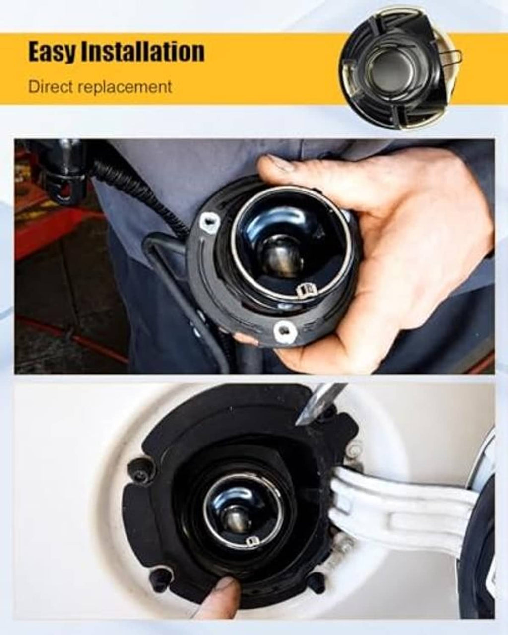 Capless fuel filler cap being installed into the vehicle fuel port, black housing