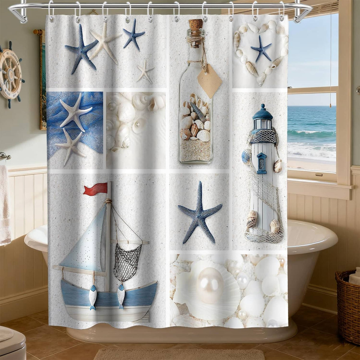 Beach shower curtain in white with blue starfish, lighthouse, and seashell collage