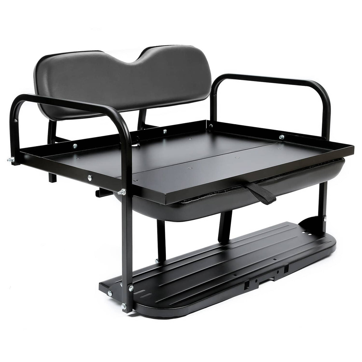 Black flip-folding rear back seat kit with cushioned seat, curved armrests, and base