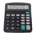 Black desk calculator with large LCD display, keypad, and ON/AC power button