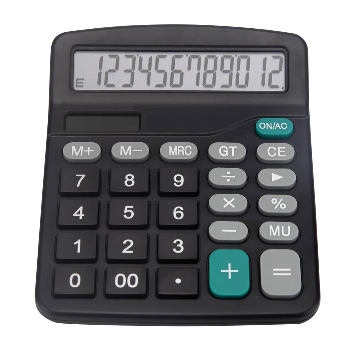 Black desk calculator with large LCD display, keypad, and ON/AC power button