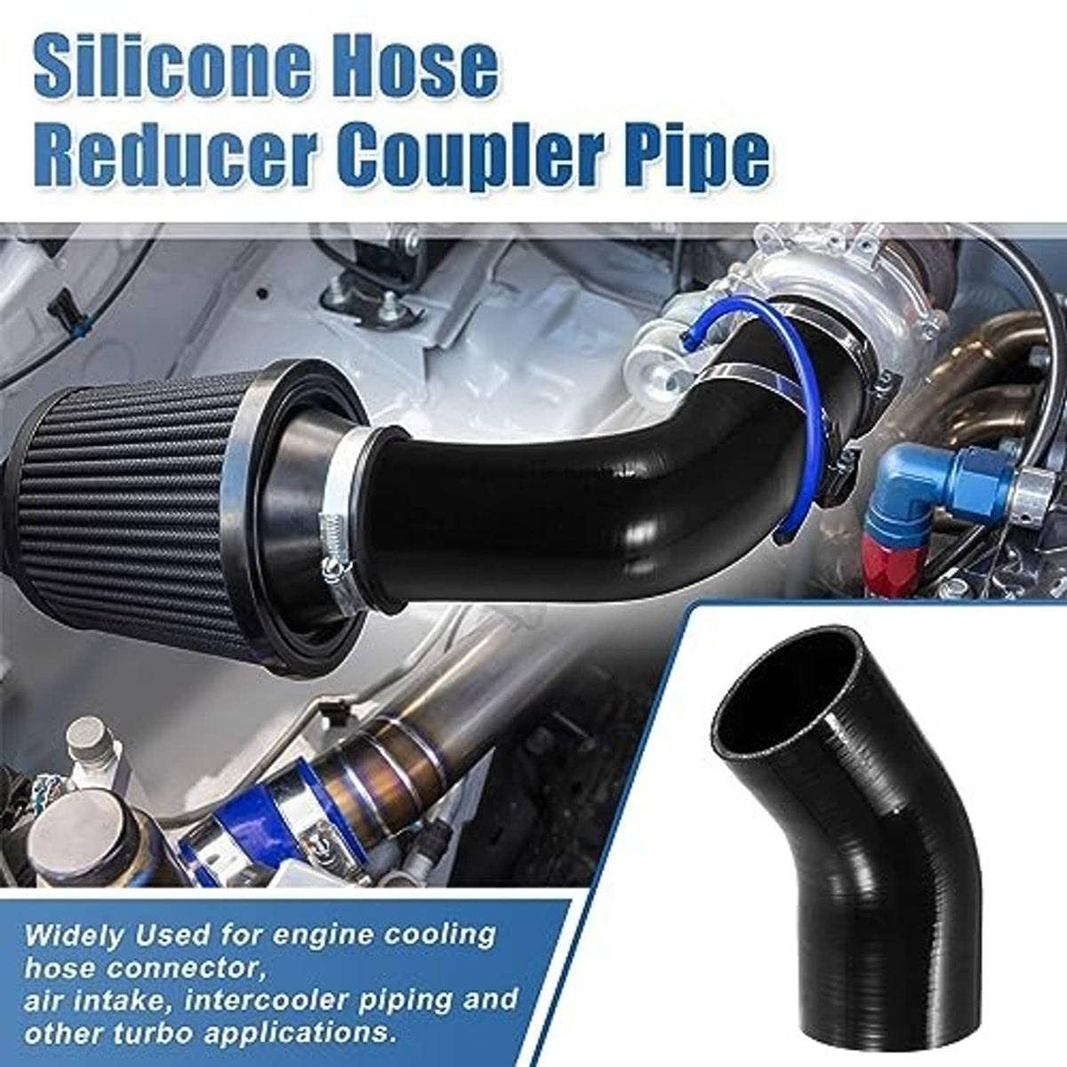 Black silicone hose reducer coupler pipe connected in engine bay, 45-degree elbow