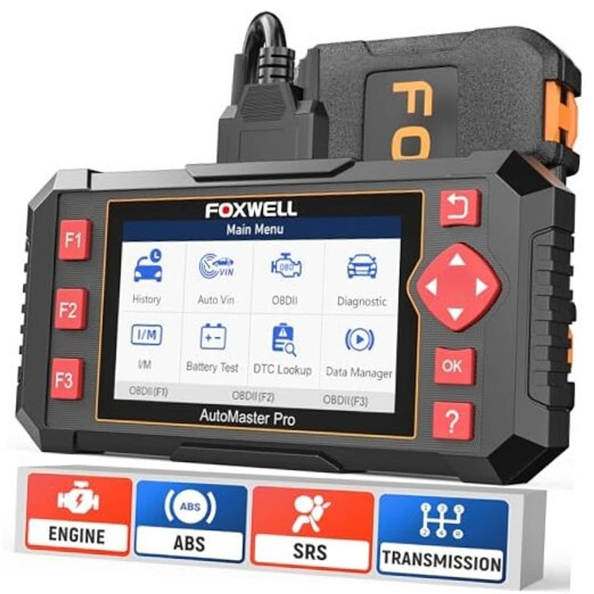 Handheld OBD2 car diagnostic scanner with color touchscreen and four function buttons