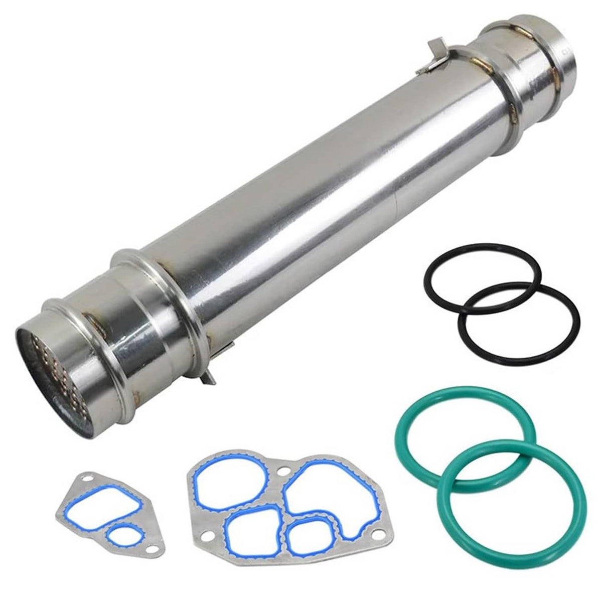 Silver oil cooler tube with end fittings and included gaskets and O-ring seals