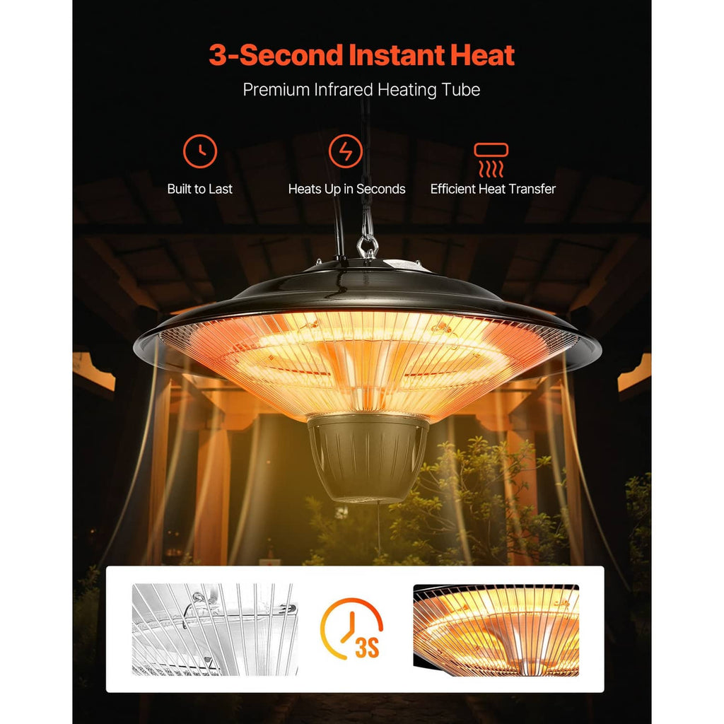 Ceiling-hanging infrared heater with glowing orange heating element under dome cover