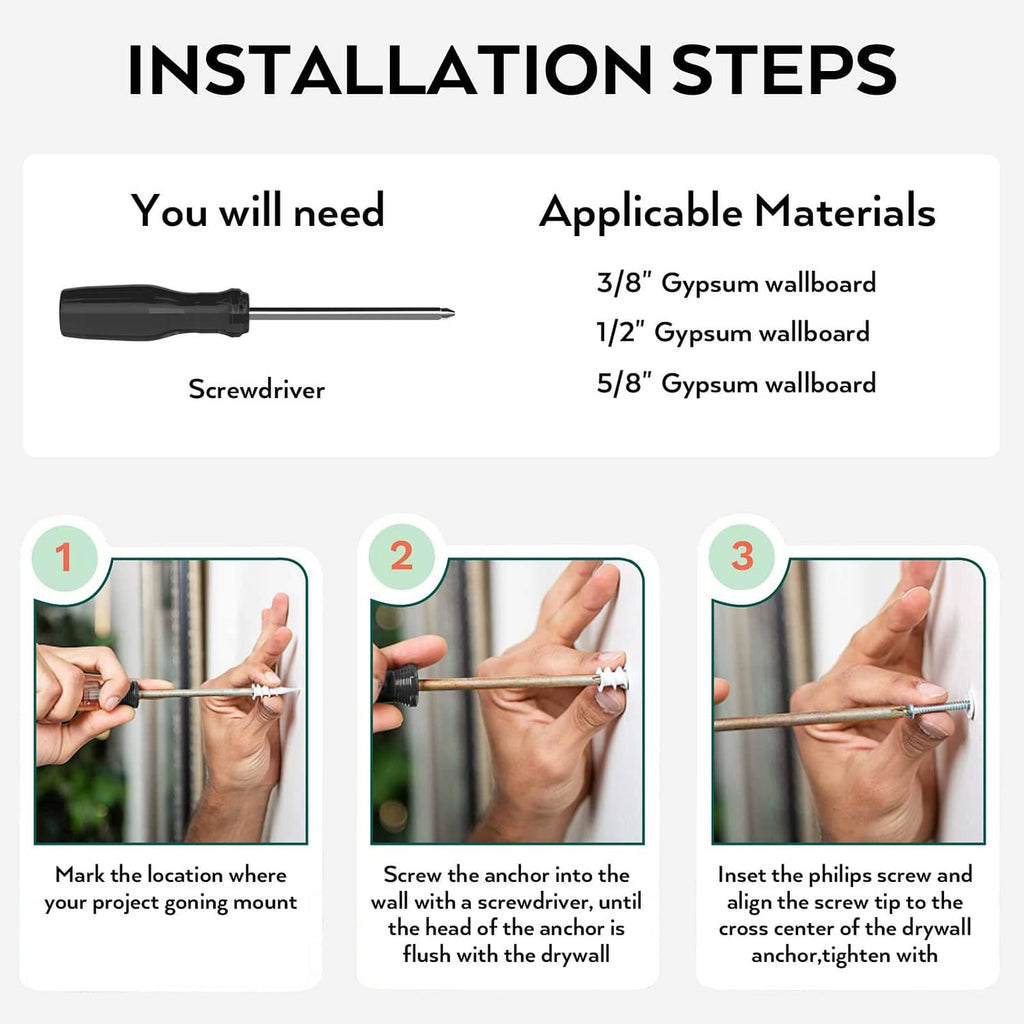 Drywall anchor kit installation steps with driver, screws, and plastic anchors