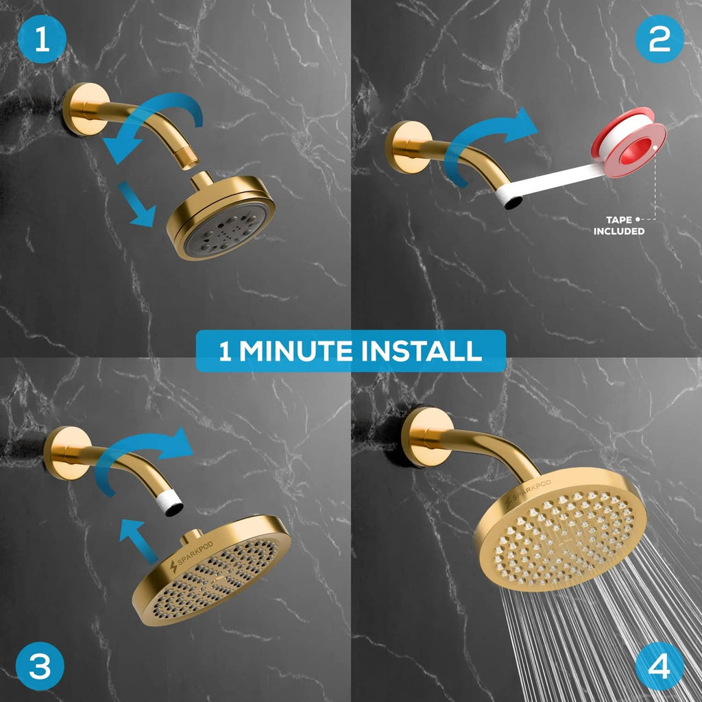 SparkPod rain shower head in Egyptian gold with matching arm and included plumber’s tape