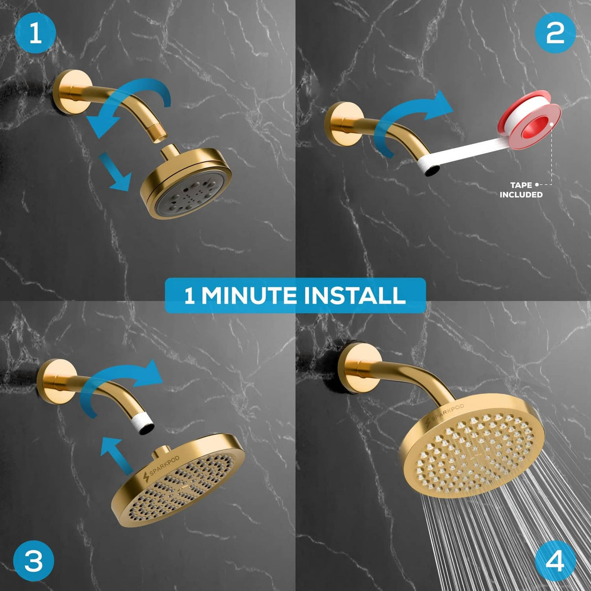 SparkPod rain shower head in Egyptian gold with matching arm and included plumber’s tape