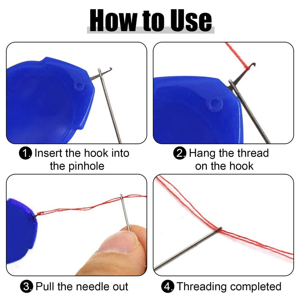 Needle threader threading steps, blue thumb-shaped tool holding thread on hook