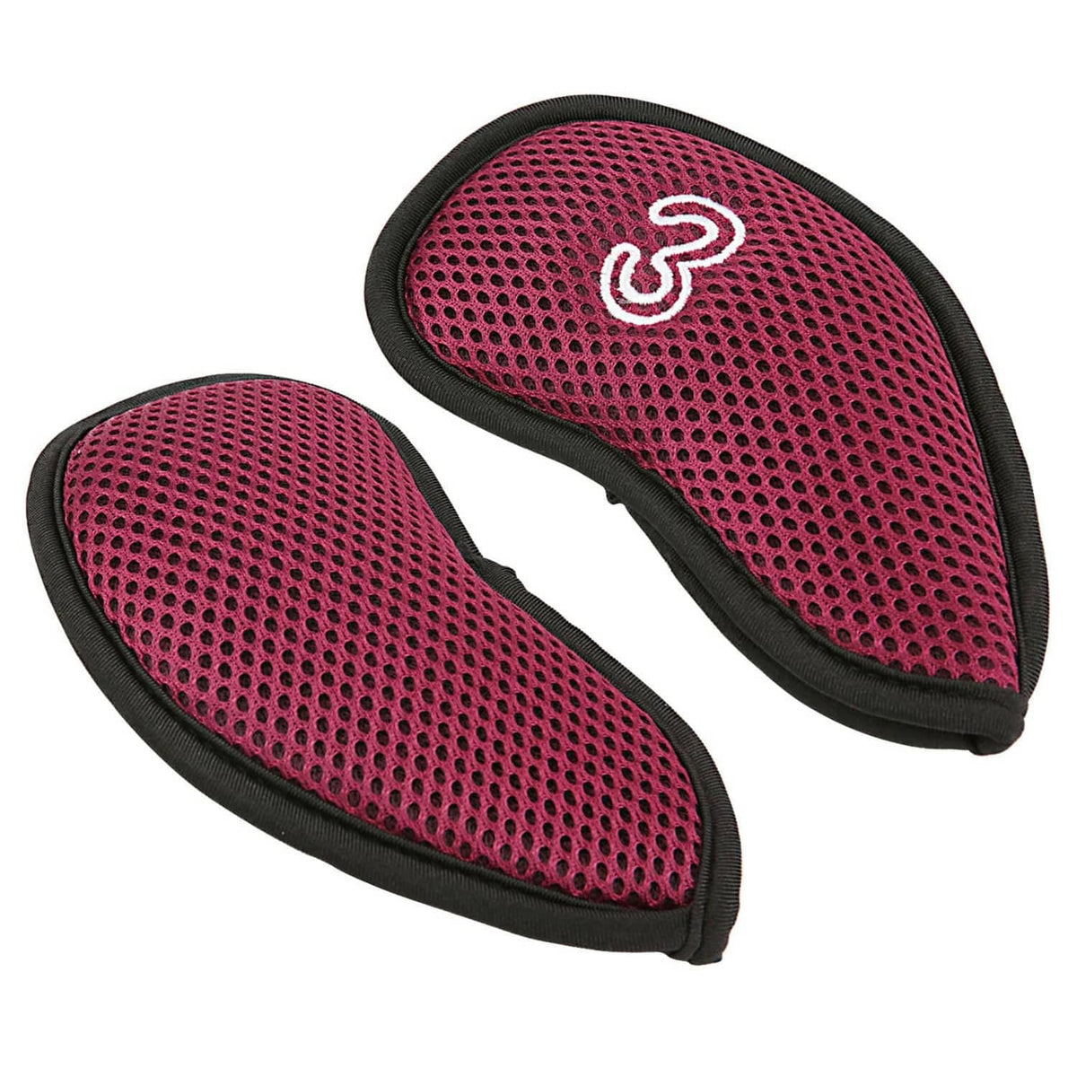 Wine red golf iron head covers with white numbers 3 and 8, right-hand mesh polyester