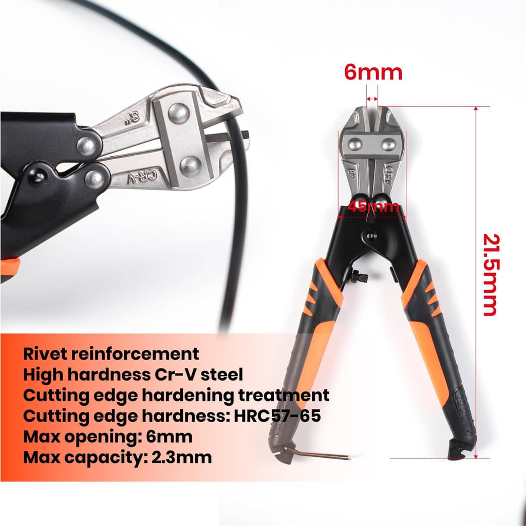 Bicycle brake cable cutter with adjustable jaw and orange-grip handles, steel blades