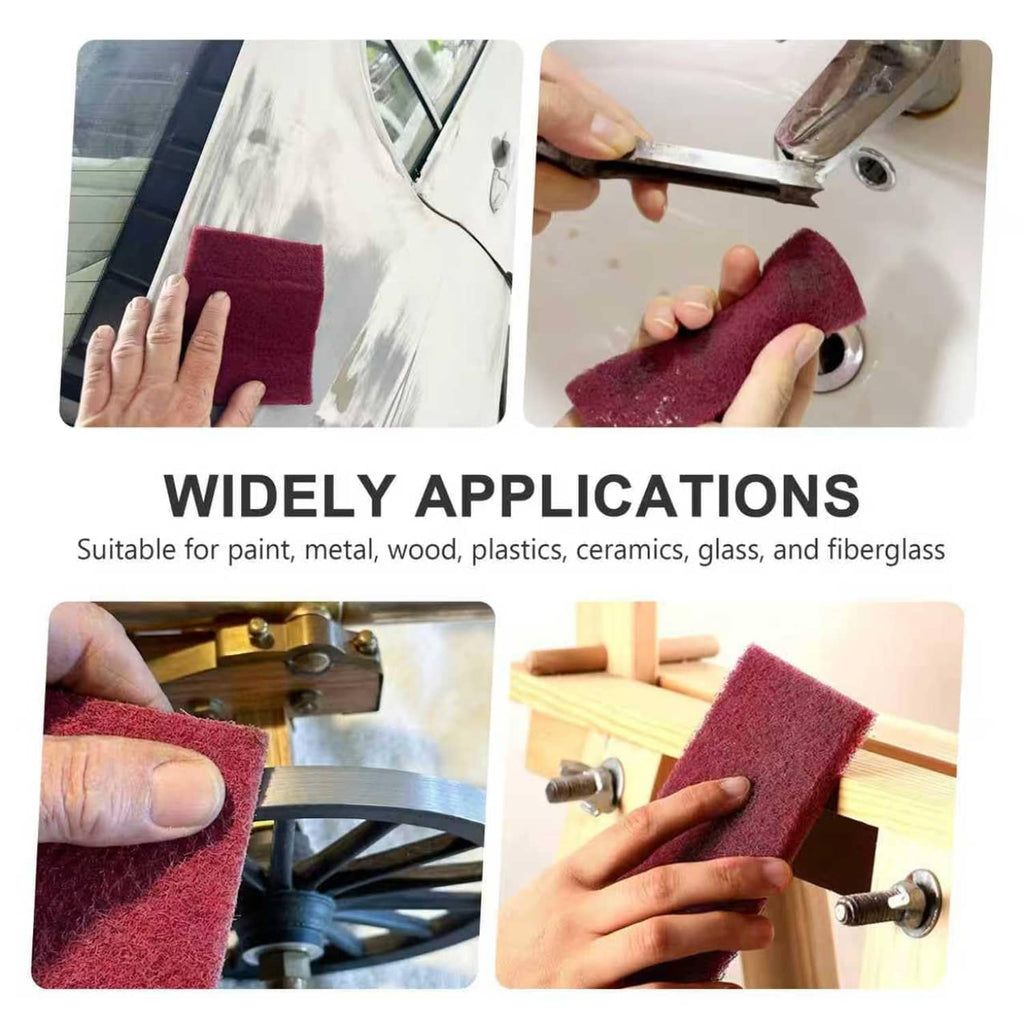 Maroon scuff pads held in hands, flexible abrasive sheets for cleaning and sanding.