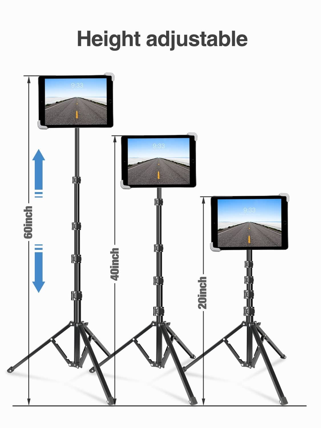 Height-adjustable iPad tripod stand with telescoping center pole and holder