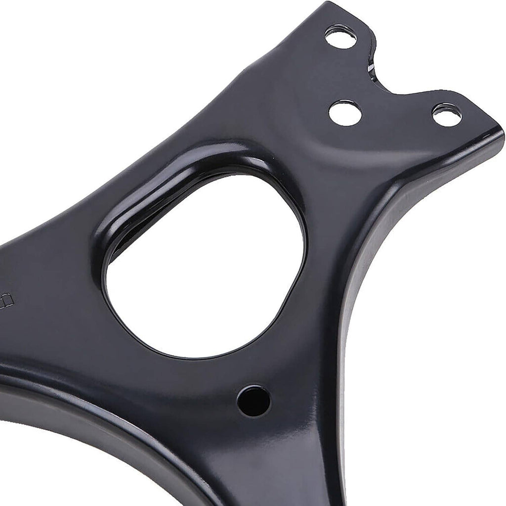 Black front lower control arm with large mounting hole and reinforced bracket