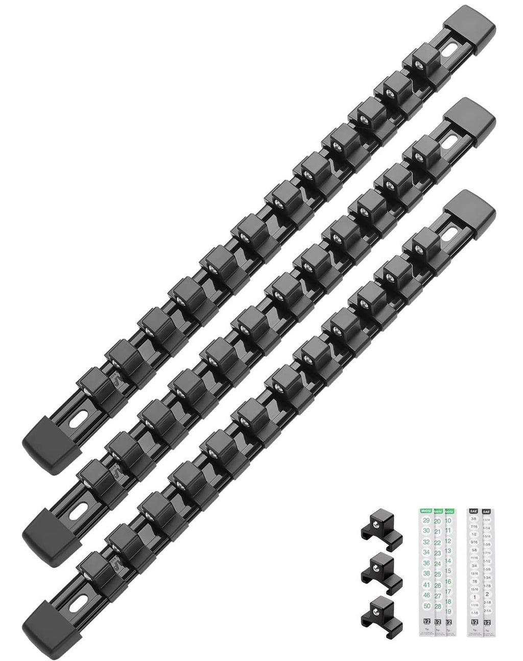 3-piece black socket organizer rails with removable clips for 1/2-inch drive sockets