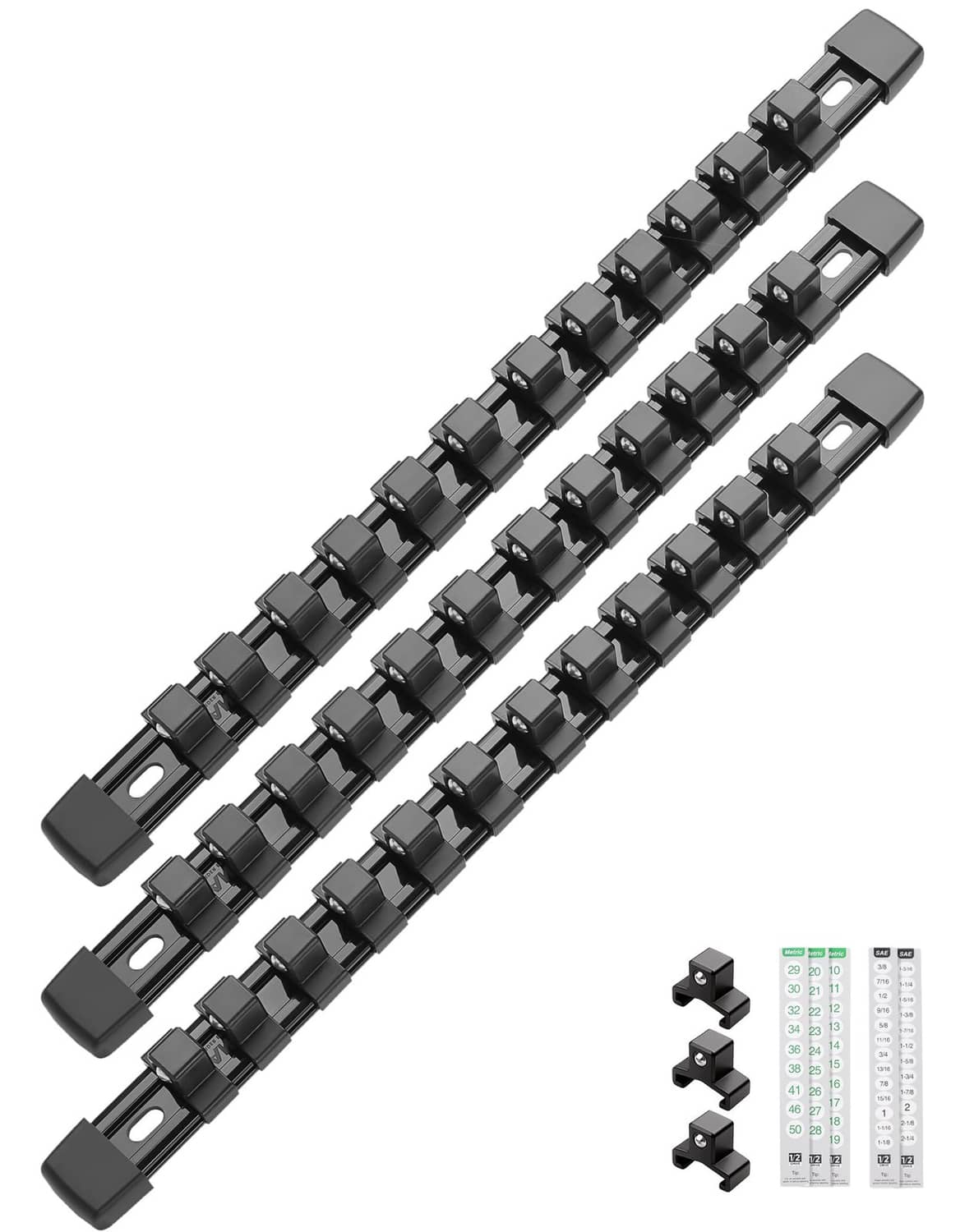 3-piece black socket organizer rails with removable clips for 1/2-inch drive sockets