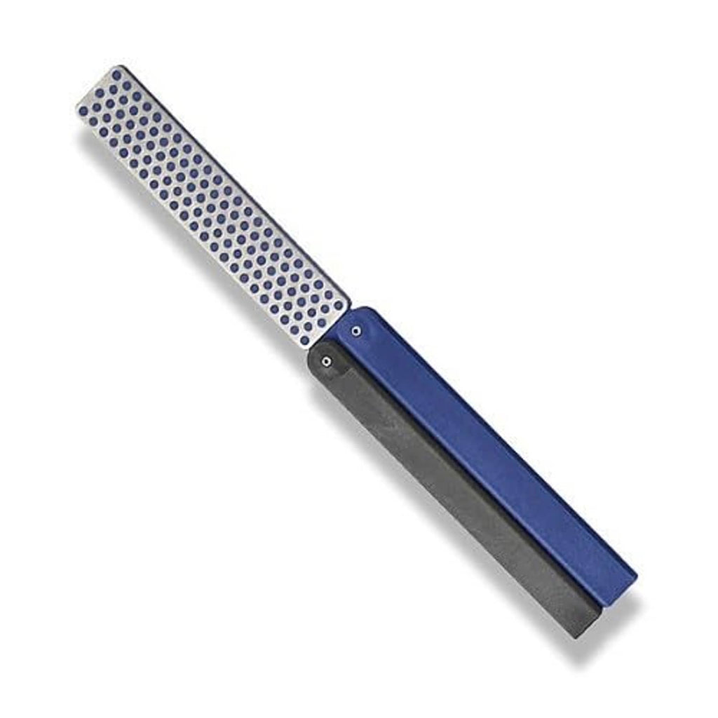 Blue portable sharpening stone with dotted pad and folding handle