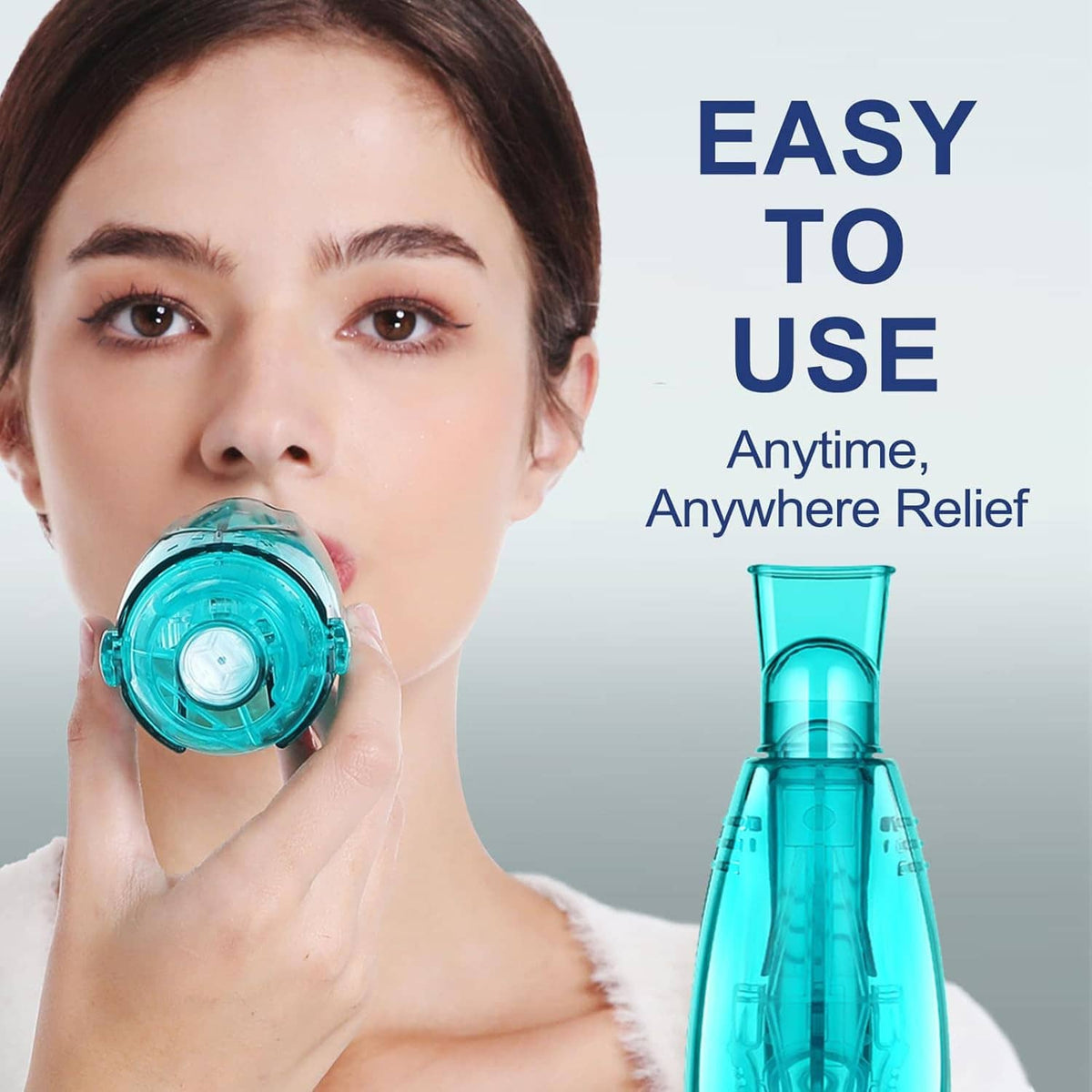 Flutter valve breathing device with turquoise mouthpiece, held near lips