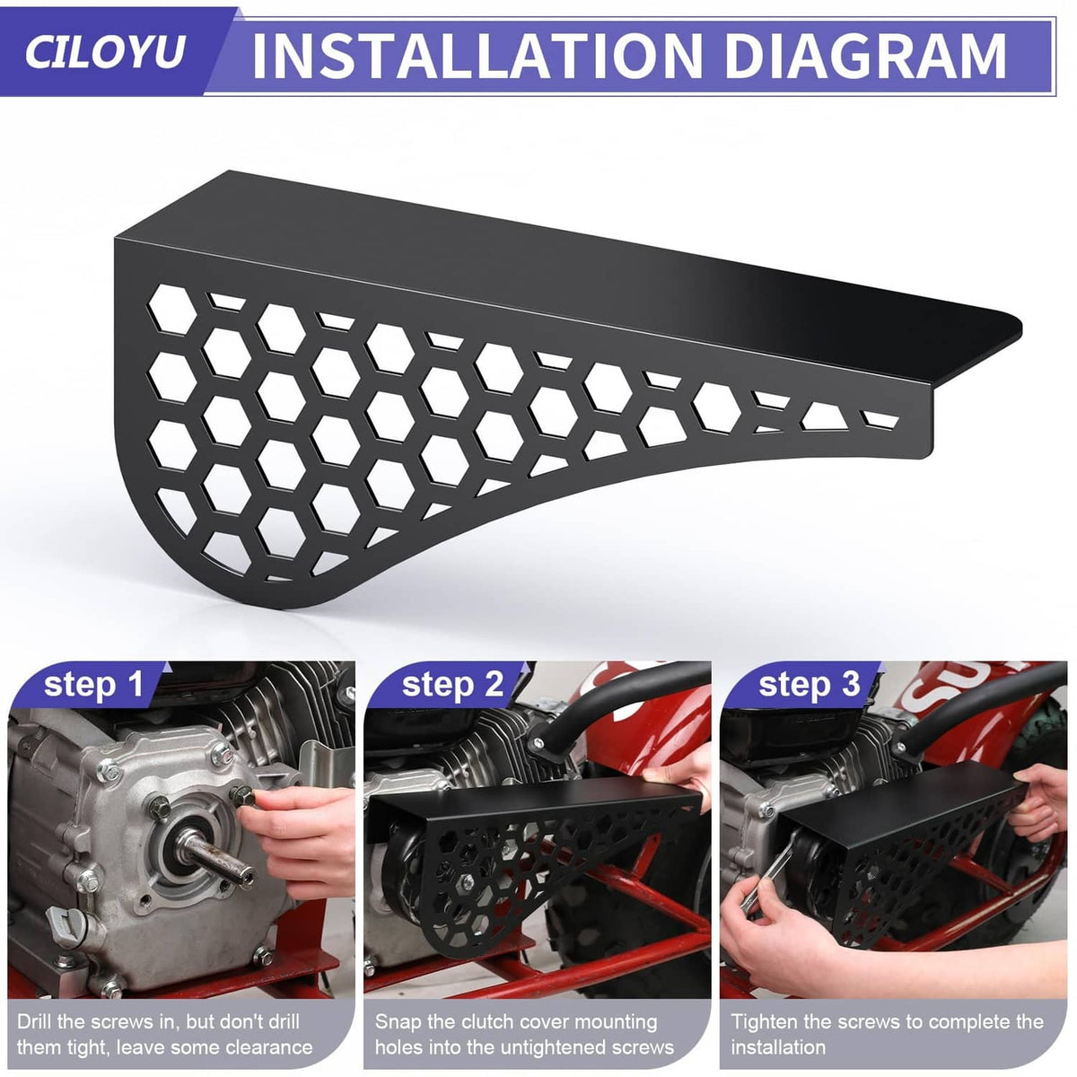 Black chain guard for mini bike clutch area with honeycomb hex mesh openings