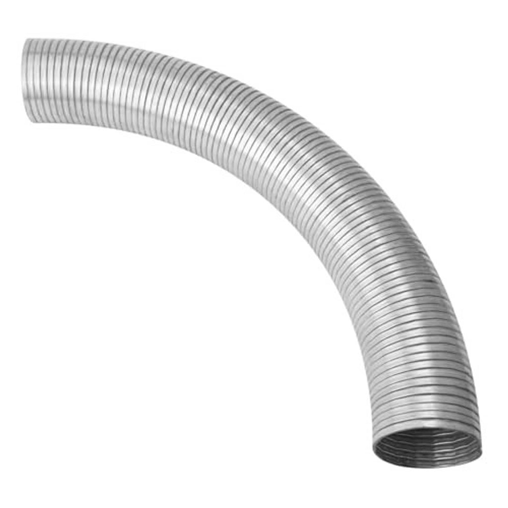 Flexible exhaust pipe with curved profile, silver corrugated metal tubing, black inner end