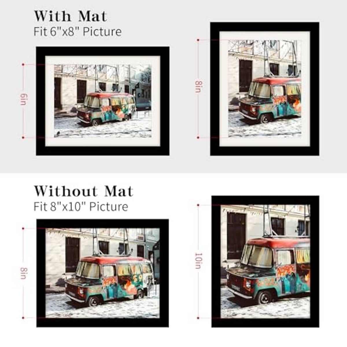 8x10 picture frame options shown: with mat and without mat in black frames