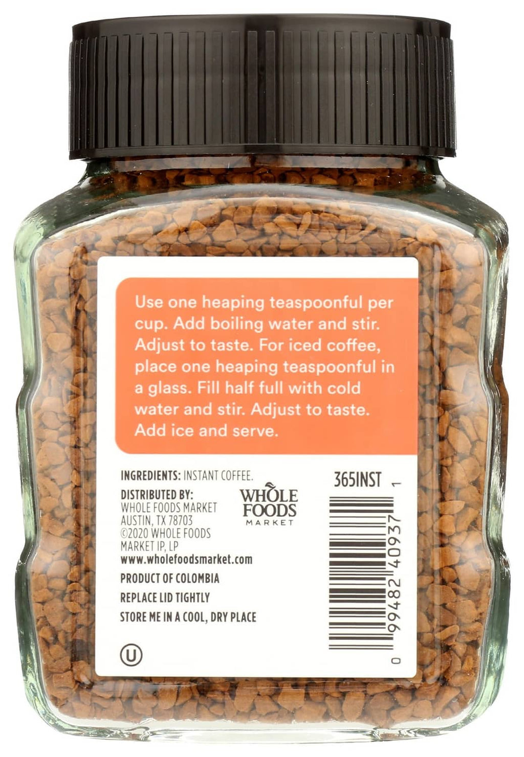 365 instant coffee jar with black lid and front label with serving directions