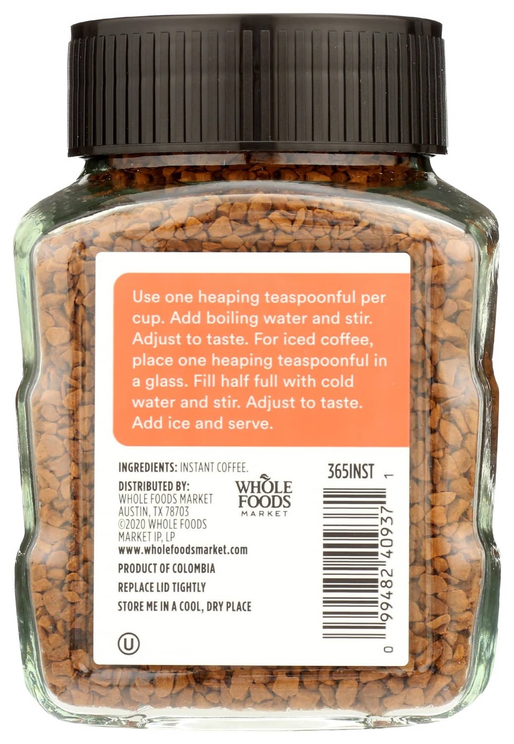 365 instant coffee jar with black lid and front label with serving directions