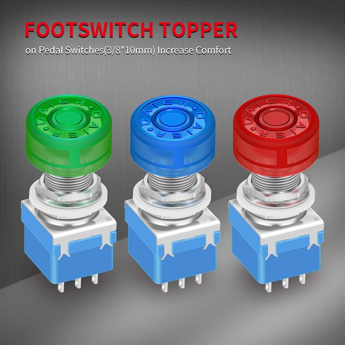Glow-in-the-dark footswitch toppers mounted on pedal switches, green blue red