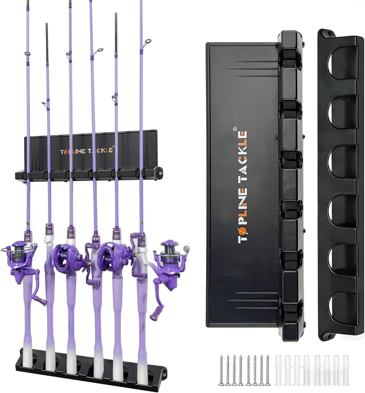 Wall-mounted vertical fishing rod holder set with black rack, purple rod clips, screws