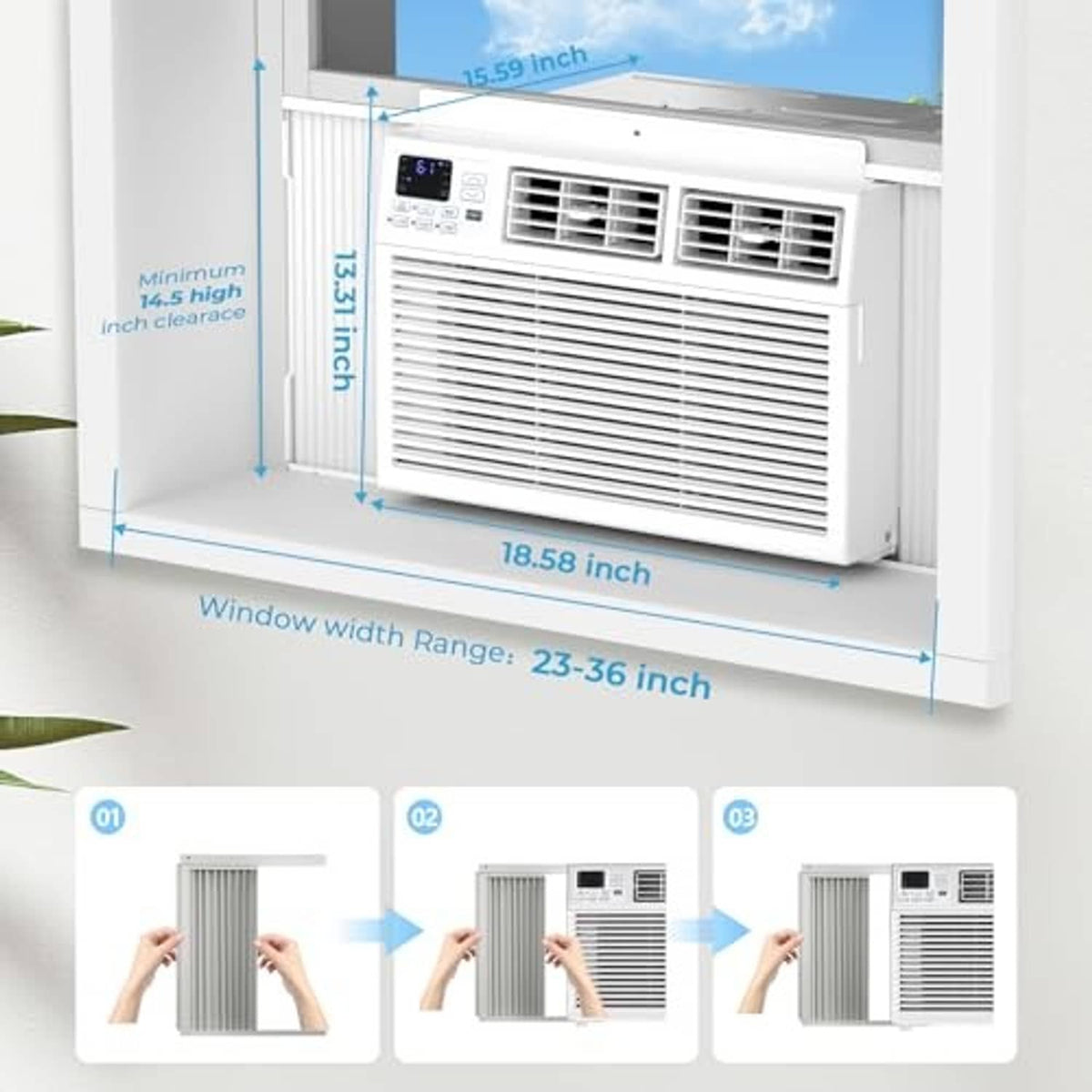 White window air conditioner installed in window frame with front vent and control display