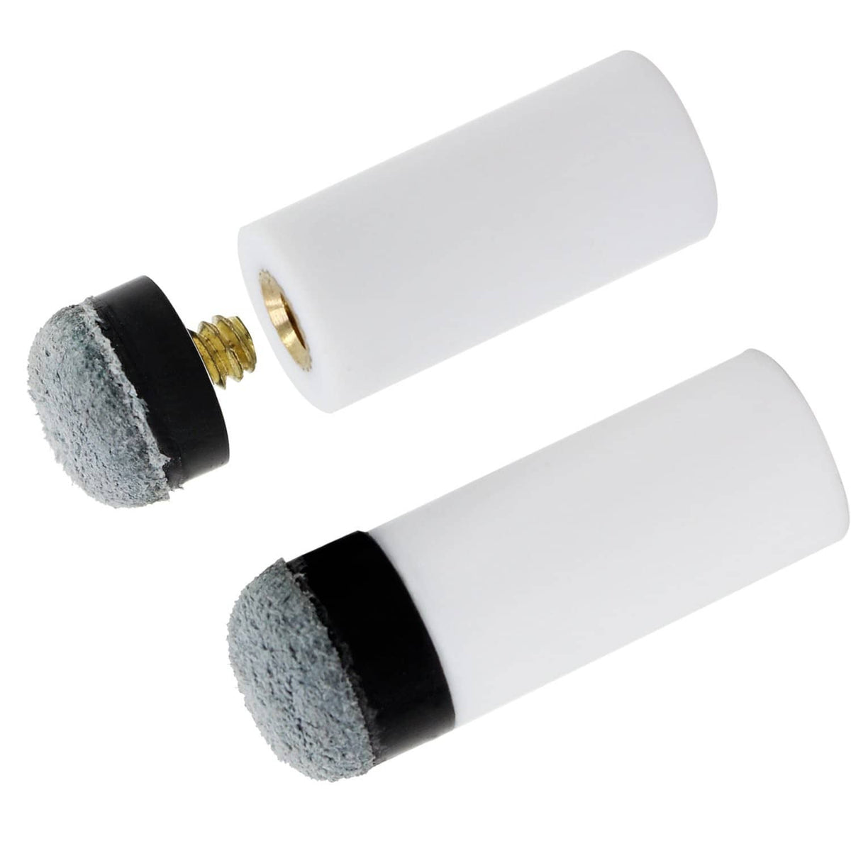 Billiard cue screw-on tips: white body, grey cap, brass insert on black ring