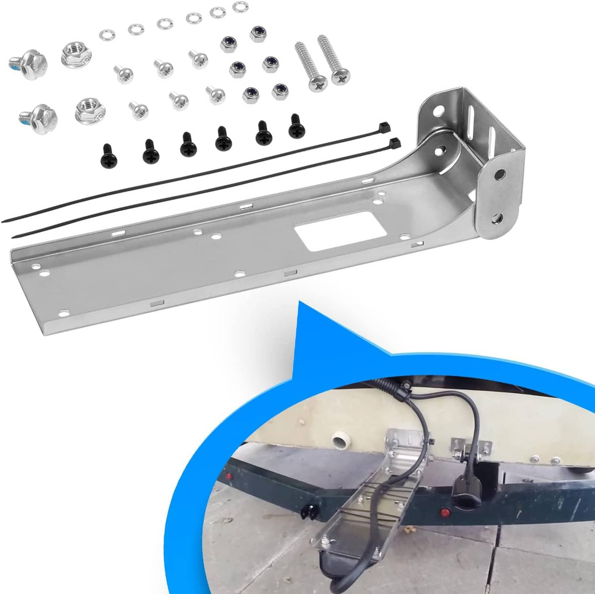 Metal transom mount bracket kit with screws, washers, and end wall-mount bracket