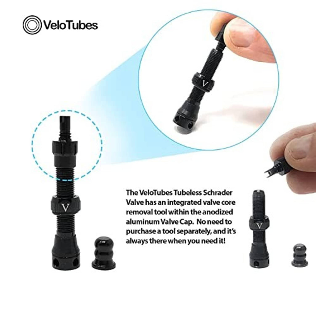 Black tubeless Schrader valve with integrated core removal tool, being installed