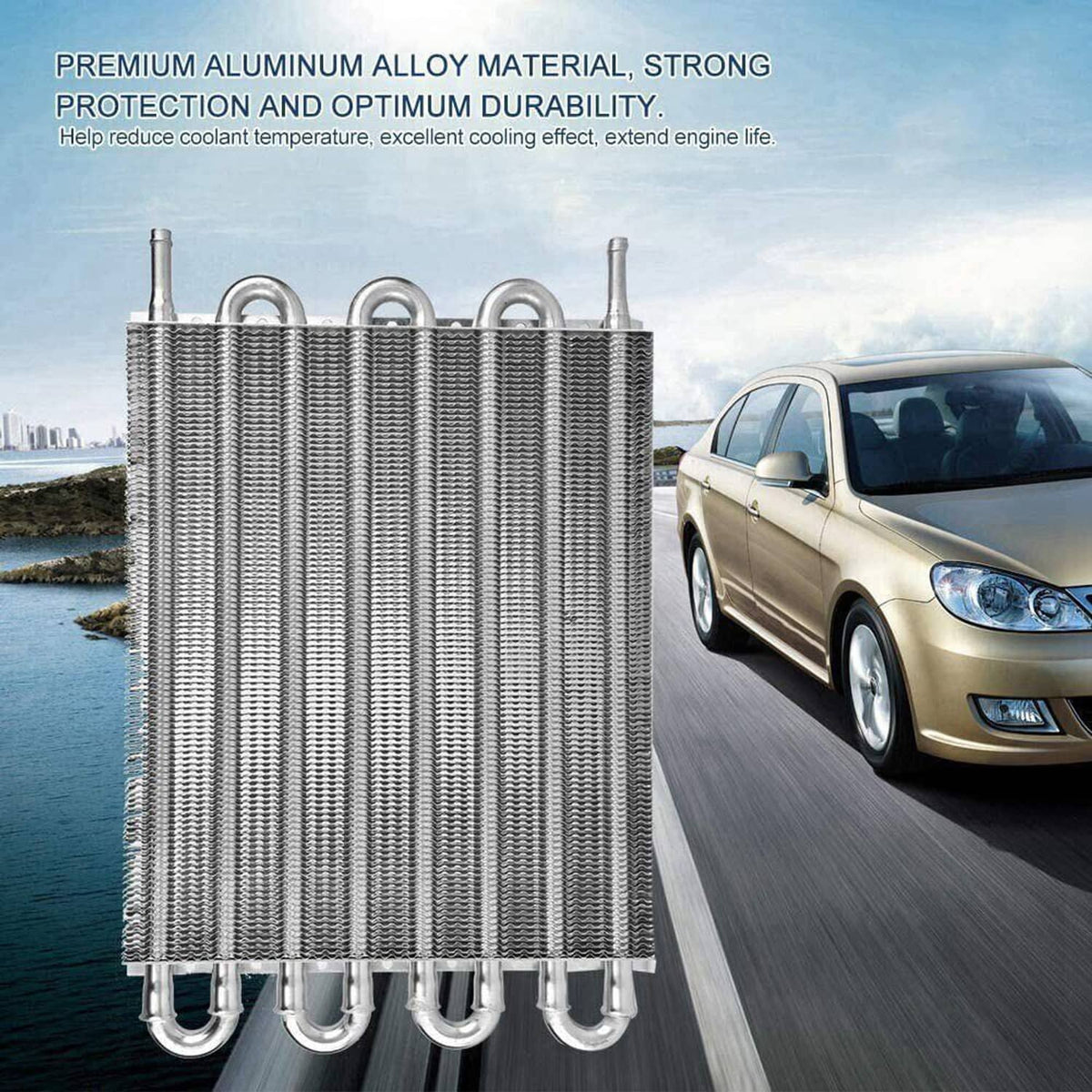 Aluminum 8-row oil cooler radiator with inlet/outlet ports, universal transmission kit