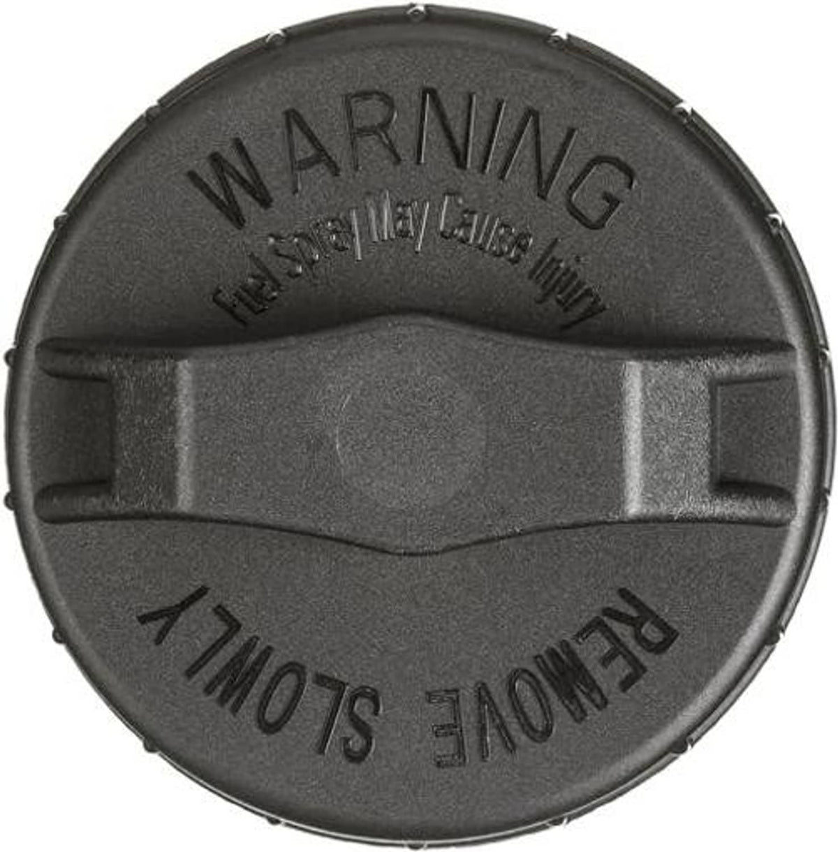 Black fuel tank cap underside with WARNING text and molded safety slot